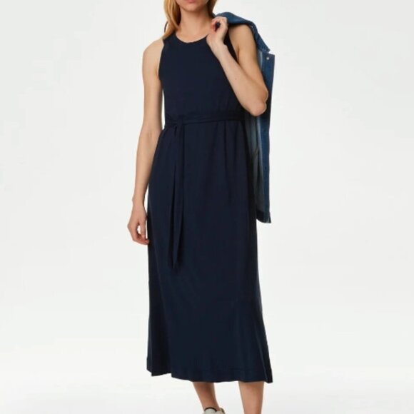 M&S Collection Women's Pure Cotton Jersey Belted Midi Column Dress - 10 - Picture 1 of 7